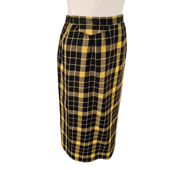 Synonyme 70s Yellow Black Plaid Wool Midi Skirt Size S Side Buttons French Made - Picture 8 of 11